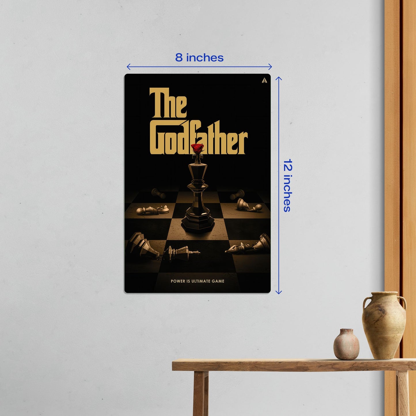 Small 8x12 inch size guide for The Godfather movie metal poster displayed as wall art in a minimalist interior.