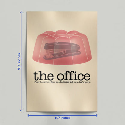 A person holding a physical high-quality print of The Office minimalist poster featuring the stapler in jello and show tagline.