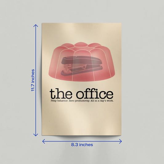 A framed-style minimalist poster of The Office stapler in jello prank leaning against a neutral-toned interior wall.