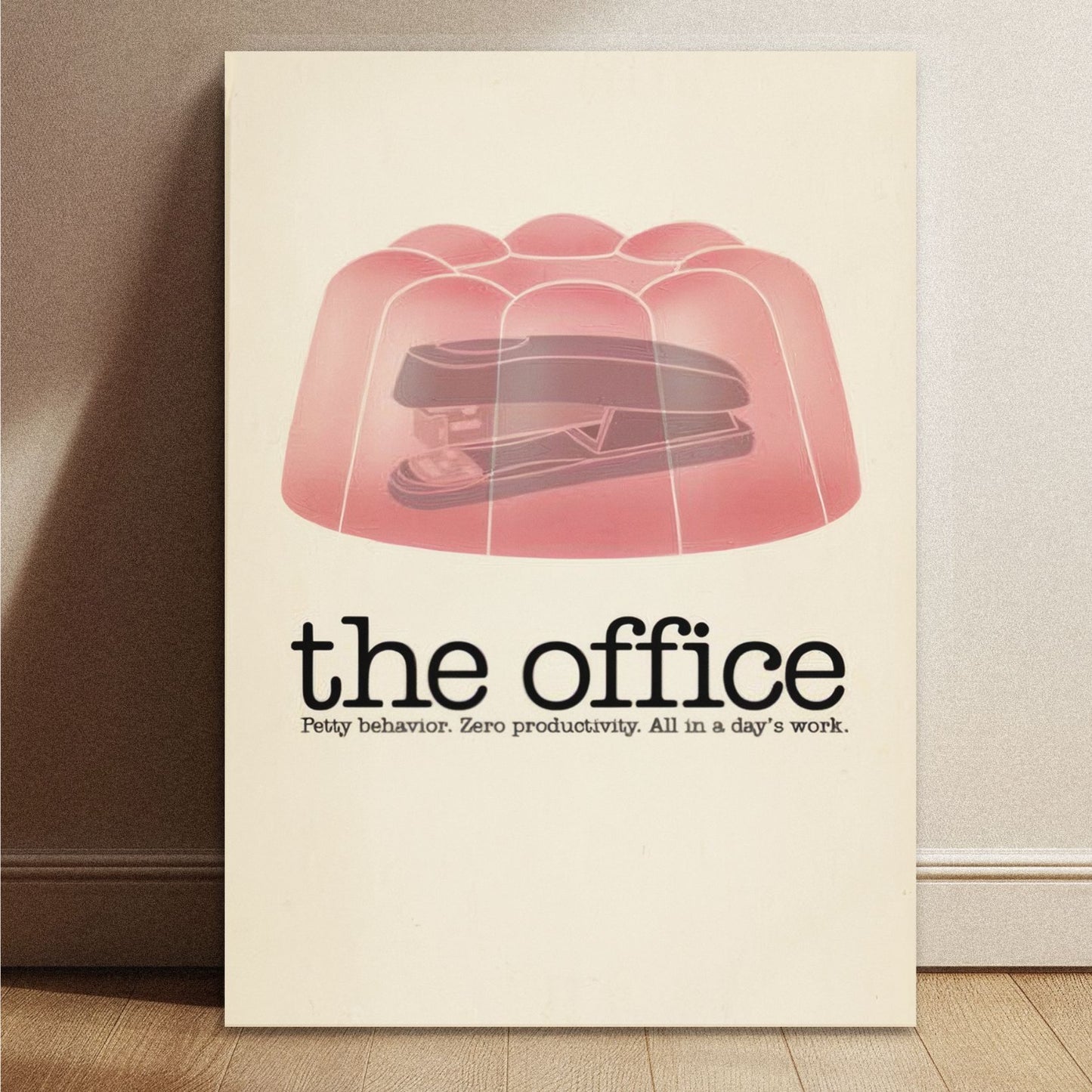 Minimalist The Office comedy series poster with the iconic stapler in jello prank illustration measuring 11.7 by 8.3 inches.