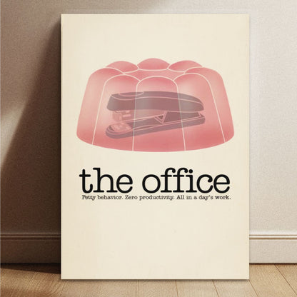 Minimalist The Office comedy series poster with the iconic stapler in jello prank illustration measuring 11.7 by 8.3 inches.