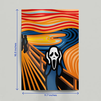 Hand holding a modern minimal color reimagining of The Scream by Edvard Munch art poster.