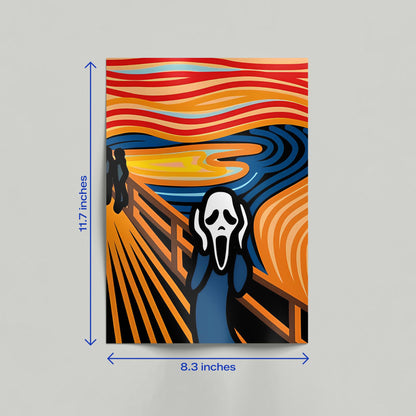 Modern minimalist color poster of The Scream art print displayed leaning against a wall in a home setting.