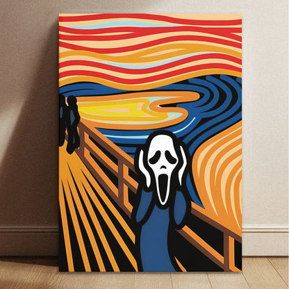 Vibrant minimalist The Scream art print in a modern color palette with dimensions 8.3 by 11.7 inches.