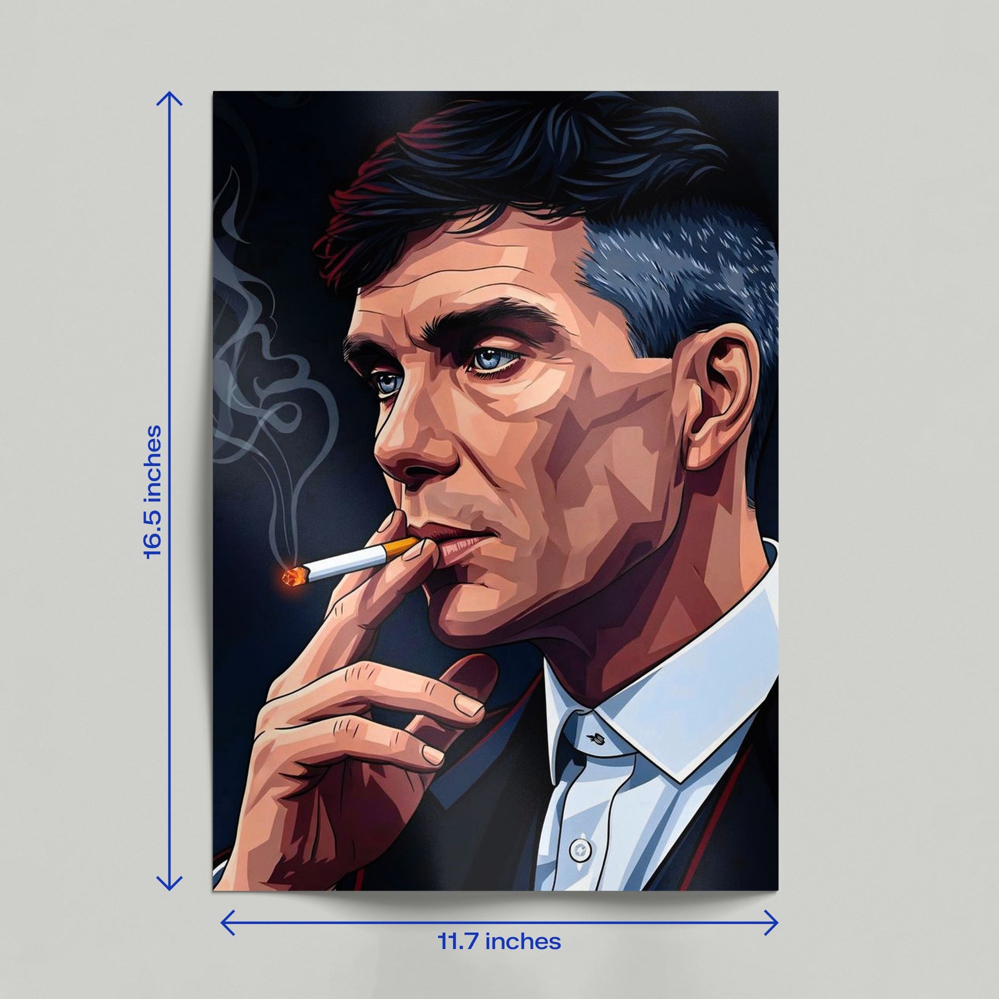 Close up shot of a hand holding the high quality matte finish Thomas Shelby Peaky Blinders character art poster.