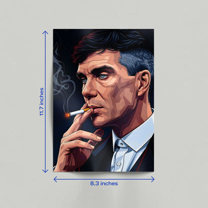 Thomas Shelby Peaky Blinders premium illustration poster leaning against a wall in a room with warm natural lighting.