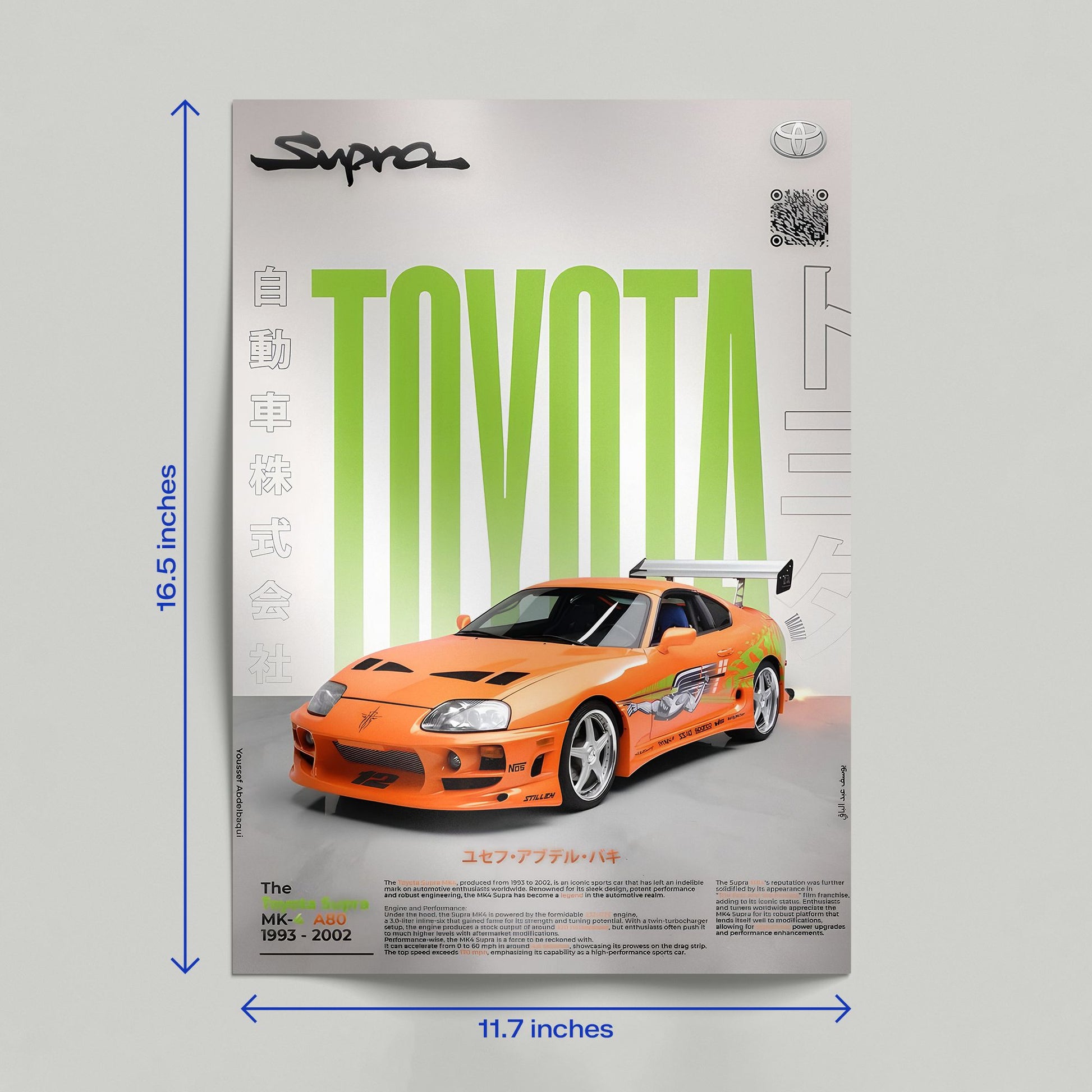 Hand holding a Toyota Supra MK4 JDM car poster featuring an orange A80 model with lime green text and Japanese characters.