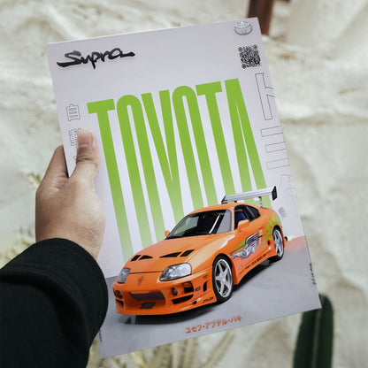 Toyota Supra MK4 JDM Legend automotive poster size guide with 11.7 by 16.5 inch dimensions and blue measurement arrows.