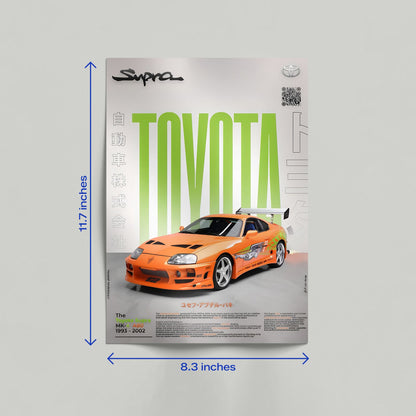 Toyota Supra MK4 automotive art print on a canvas leaning against a wall in a modern home interior setting.