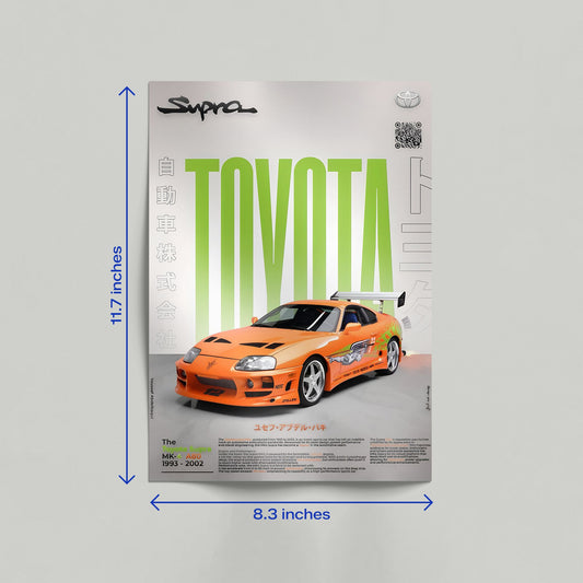 Toyota Supra MK4 automotive art print on a canvas leaning against a wall in a modern home interior setting.