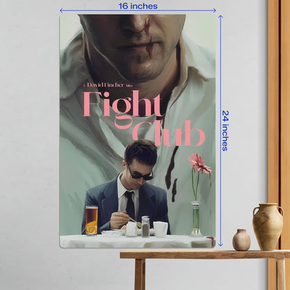 Large 16 by 24 inch Fight Club Tyler Durden metal poster displayed as home decor on a minimalist wall.