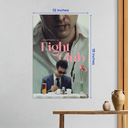 Medium 12 by 18 inch Tyler Durden Fight Club dinner scene metal wall art with size measurements for home styling.