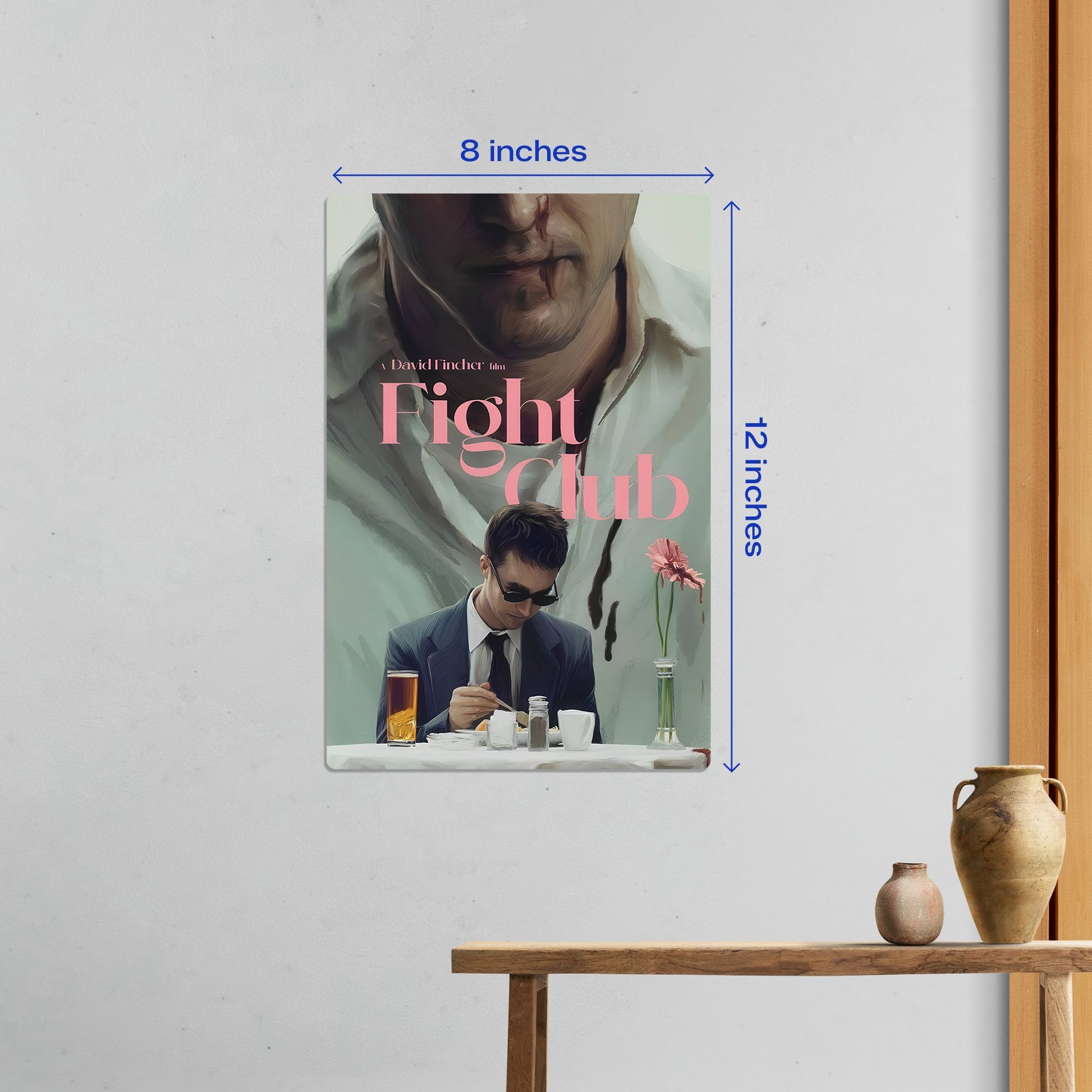 Small 8 by 12 inch Fight Club movie metal poster with size dimensions shown in a modern room setting.