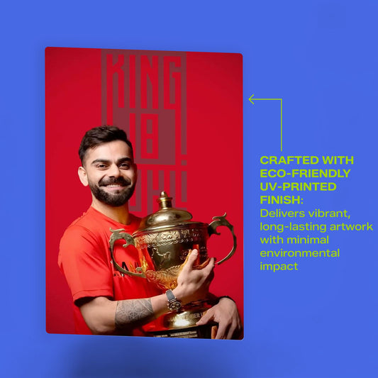 Virat Kohli King 18 cricket legend metal poster featuring eco-friendly UV-printed finish and vibrant artwork