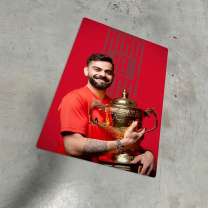 Virat Kohli King 18 cricket legend metal poster artwork displayed on a concrete floor background