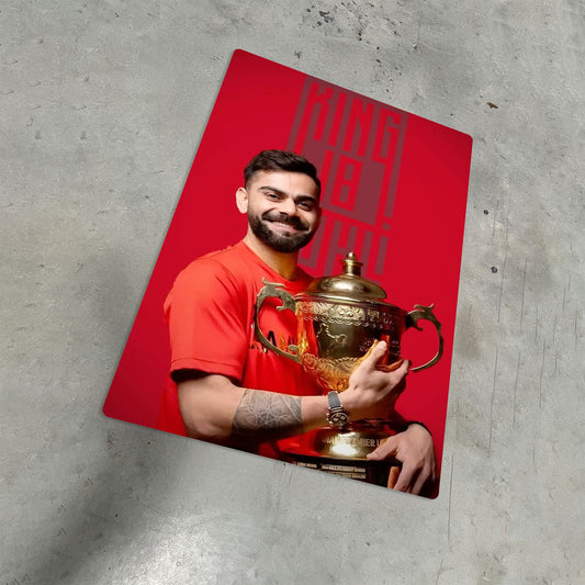 Virat Kohli King 18 cricket legend metal poster artwork displayed on a concrete floor background