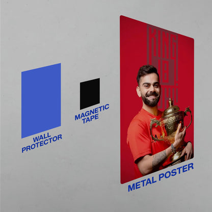 Virat Kohli King 18 cricket legend metal poster with wall protector and magnetic tape mounting accessories