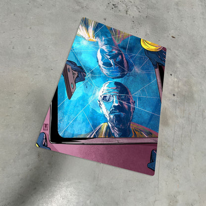 Walter White Breaking Bad reflection metal poster displayed on a grey concrete floor showing the durable matte texture.