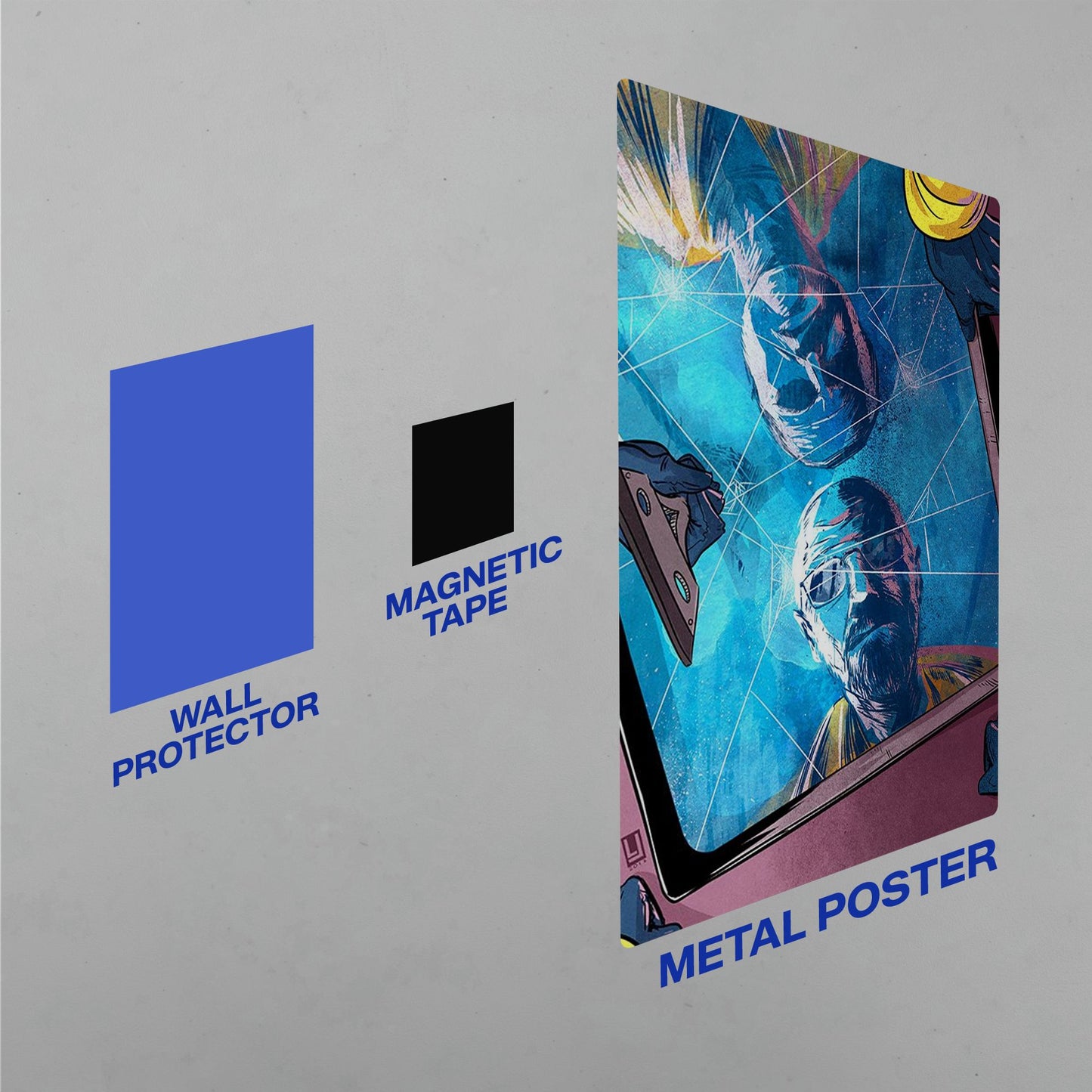 Easy installation kit for Walter White metal poster including wall protector and magnetic tape for damage-free mounting.