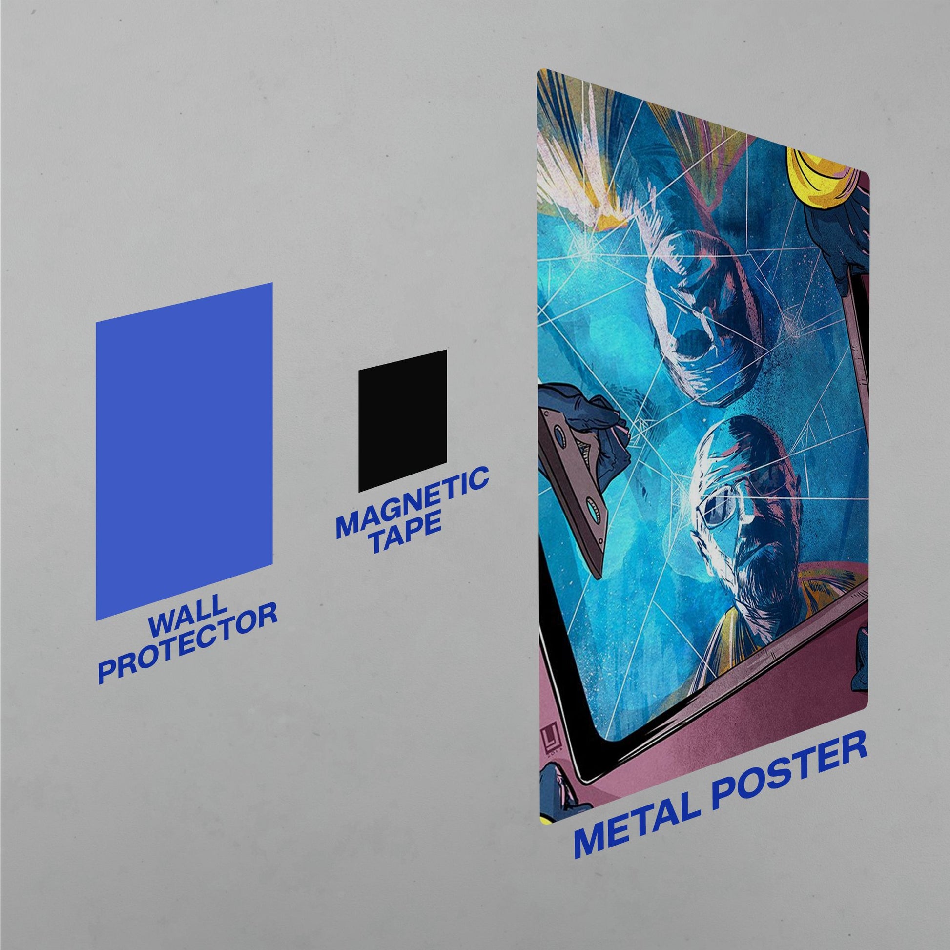 Easy installation kit for Walter White metal poster including wall protector and magnetic tape for damage-free mounting.