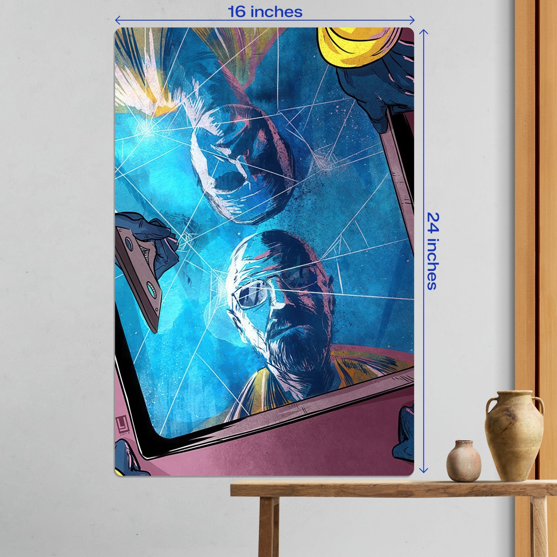 Large 16x24 inch Walter White Breaking Bad metal poster as a focal point on a modern living room wall with decor.