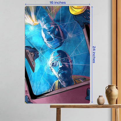 Large 16x24 inch Walter White Breaking Bad metal poster as a focal point on a modern living room wall with decor.