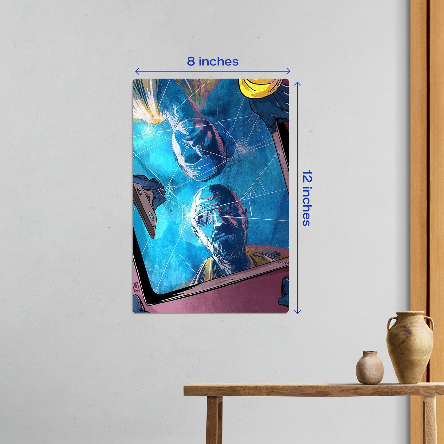 Small 8x12 inch Walter White reflection metal poster scaled above a wooden table to show compact home office sizing.