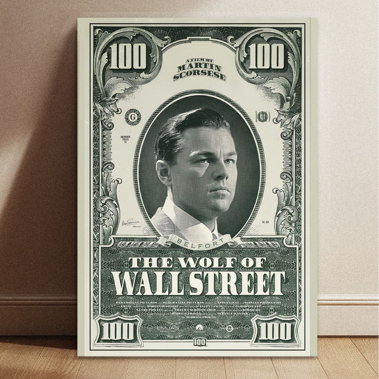 Wolf of Wall Street Dollar Bill artwork printed on a stretched canvas, leaning against a wall on a wooden floor. A piece of cinematic home decor and wall art.